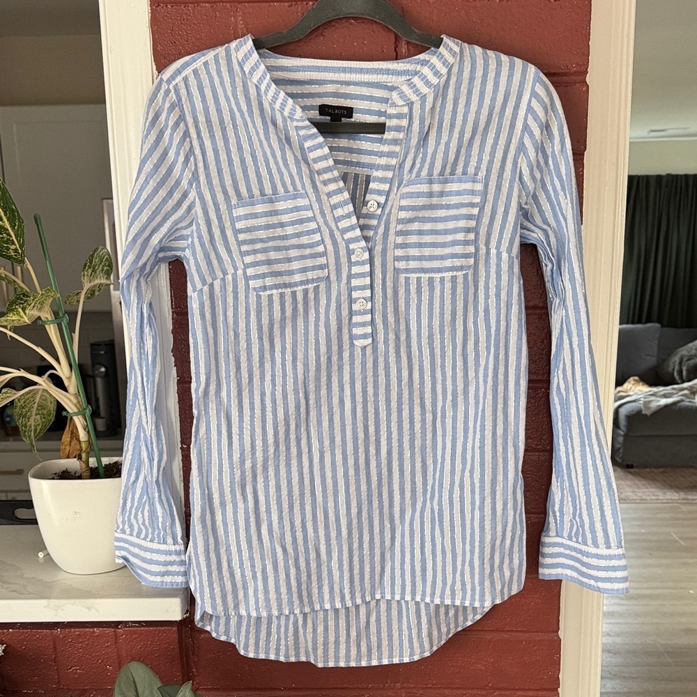 Talbots Blue, White, & Silver Striped Long Sleeve Top